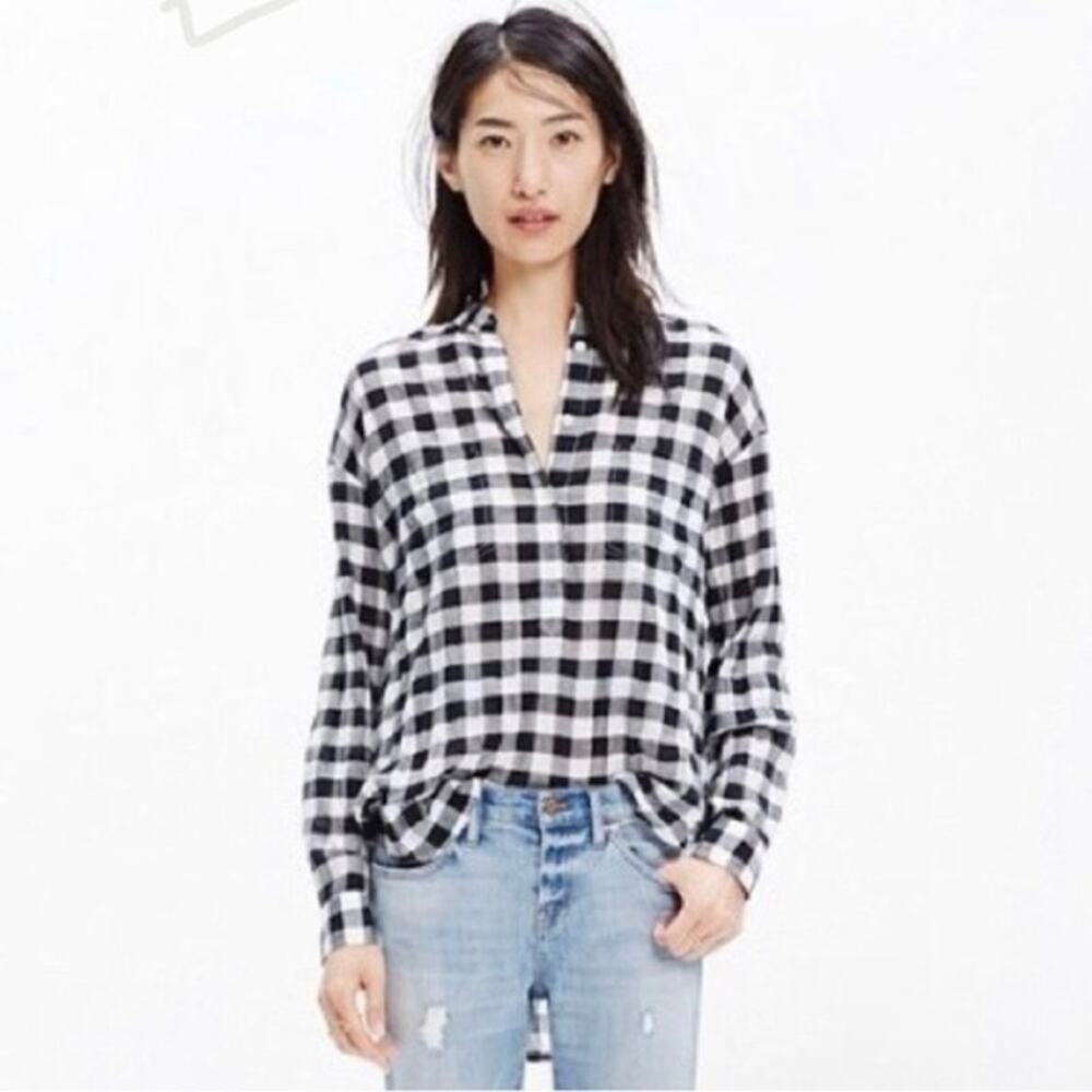 J. Crew Women's Black White Plaid Half Button Cotton Long Sleeve Blouse  M